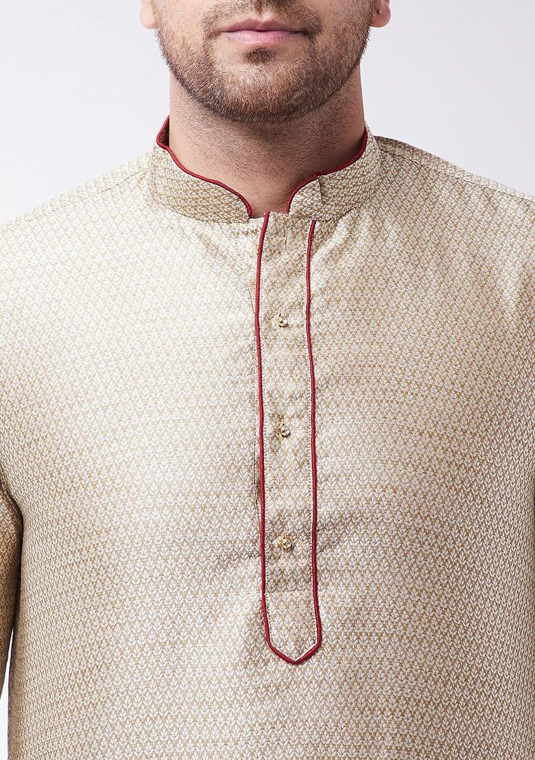 Beige Woven Silk Kurta Set For Men