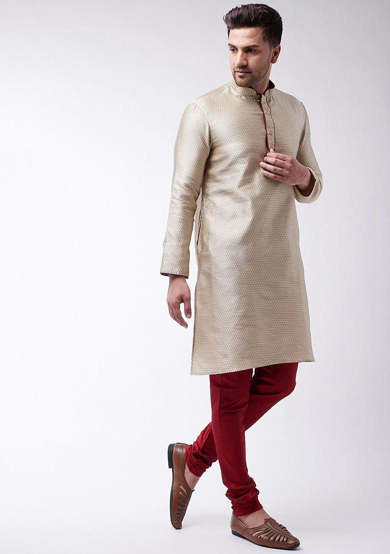 Beige Woven Silk Kurta Set For Men