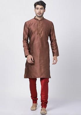 Maroon Woven Silk Kurta Set For Men