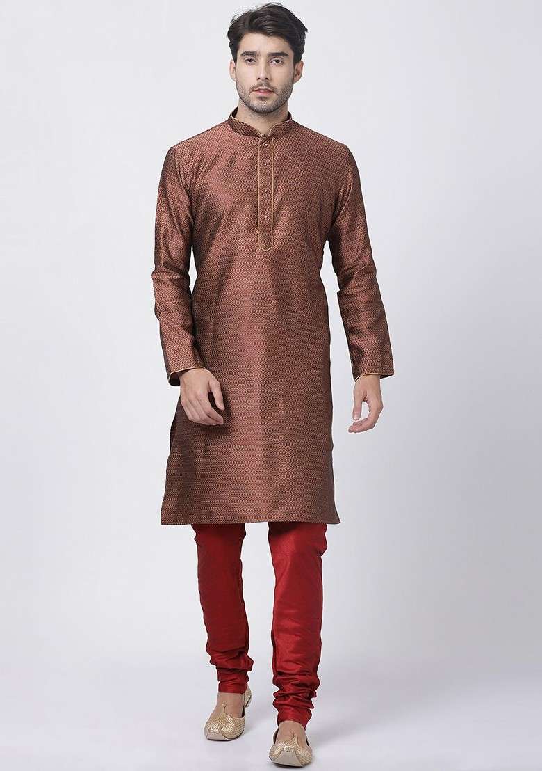 Maroon Woven Silk Blend Kurta Set For Men - Indya