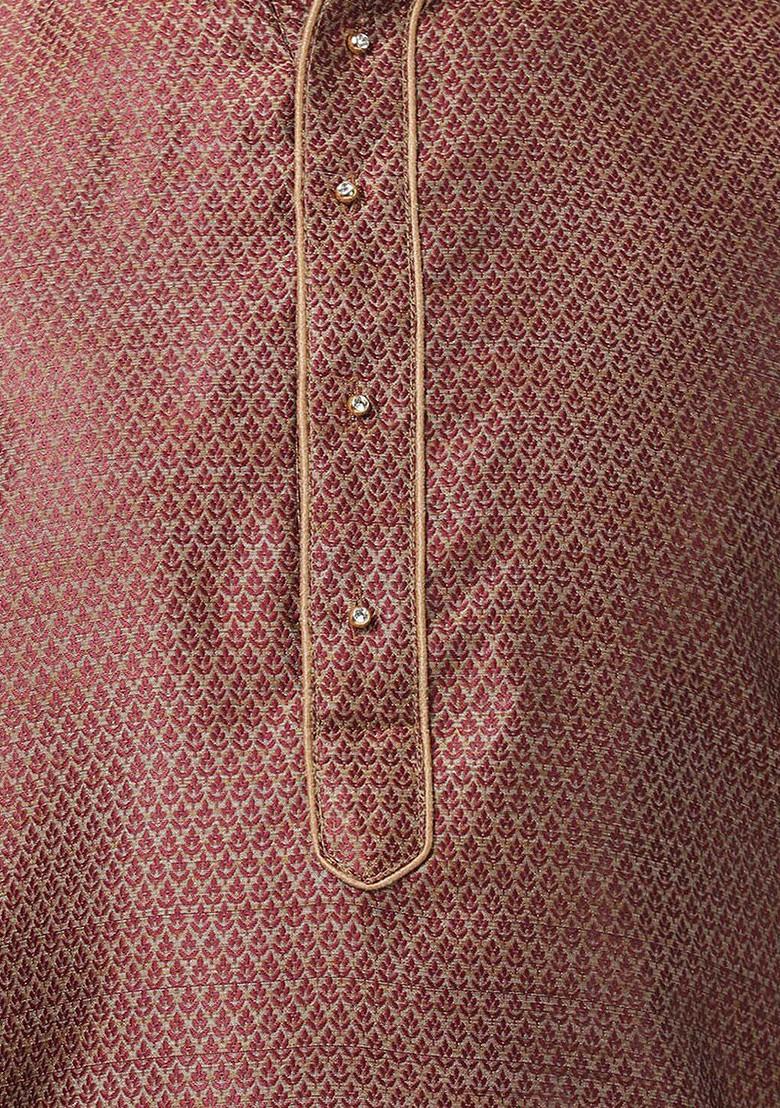 Maroon Woven Silk Kurta Set For Men