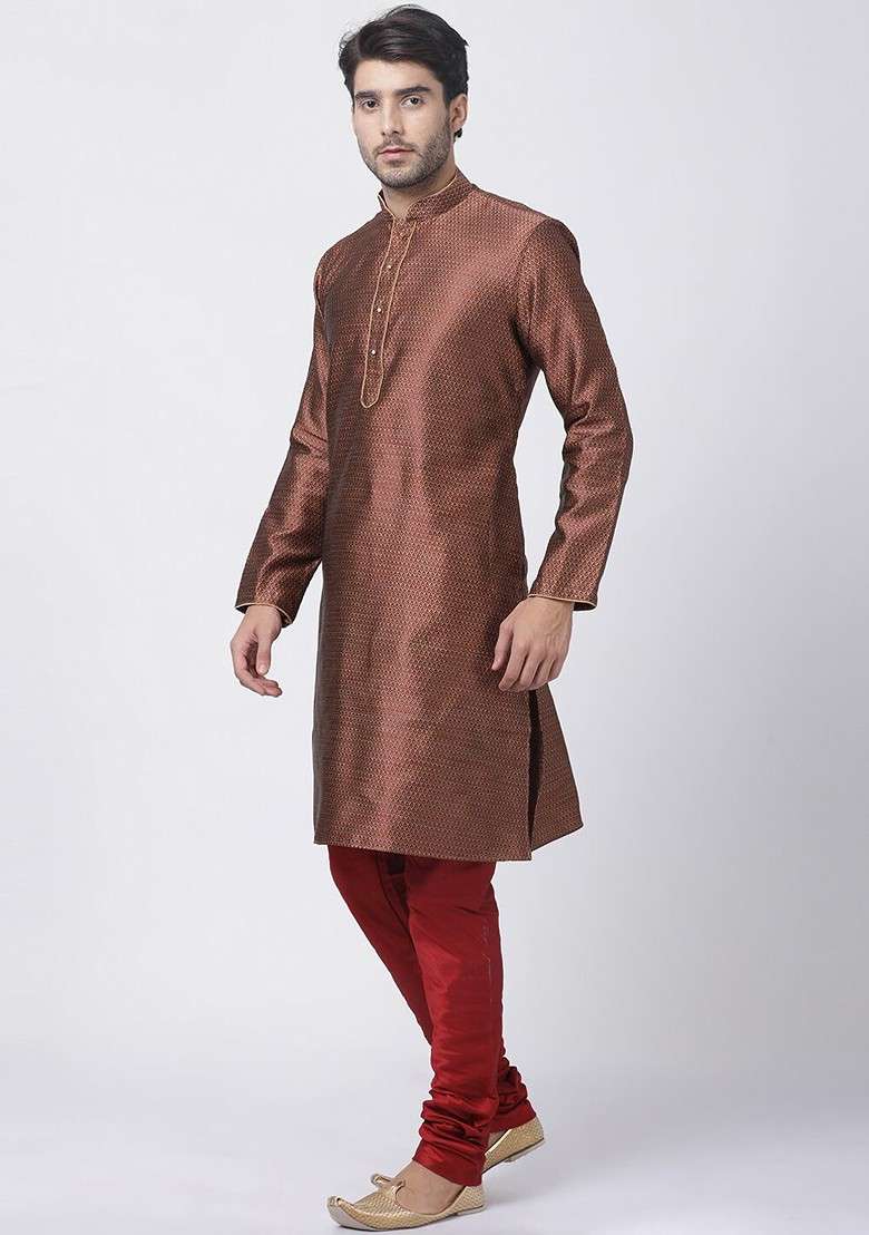 Maroon Woven Silk Blend Kurta Set For Men - Indya