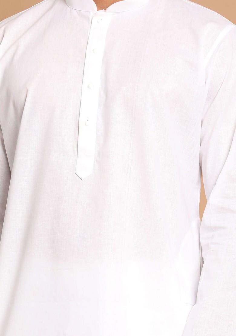 White Solid Poly Blend Kurta Set For Men