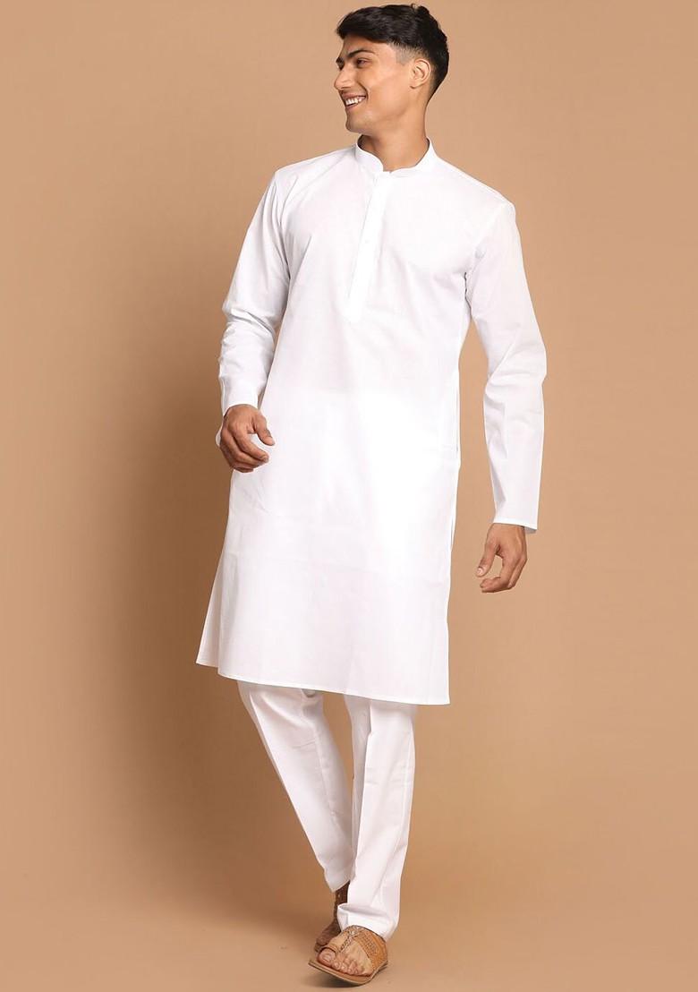 White Solid Poly Blend Kurta Set For Men