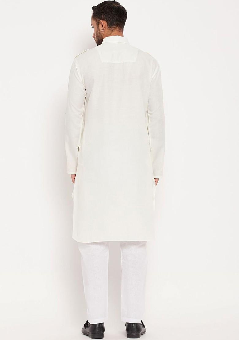 White Solid Pathani Kurta Set For Men