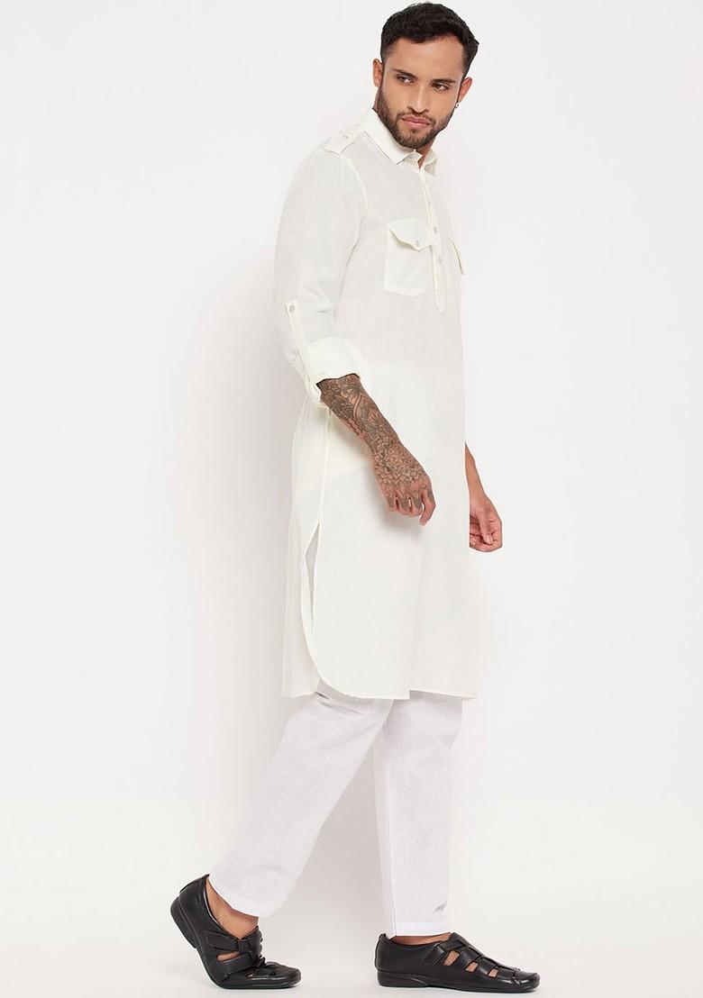 White Solid Pathani Kurta Set For Men