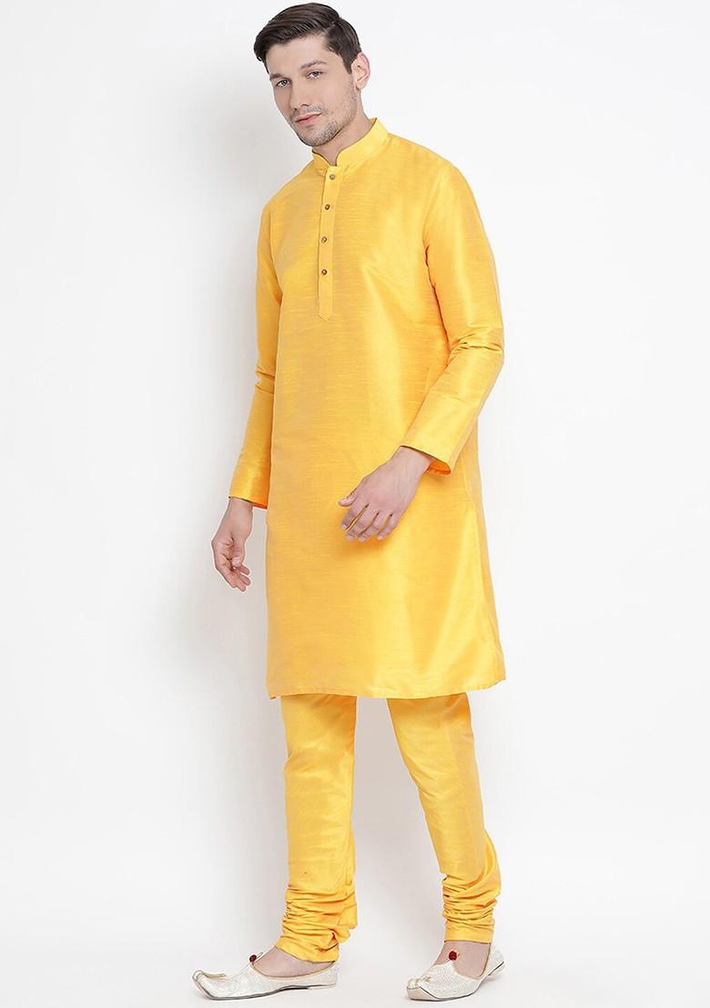 Yellow Solid Poly Blend Kurta Set For Men