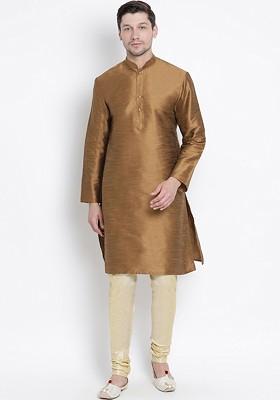 Coffee Brown Solid Poly Blend Kurta Set For Men