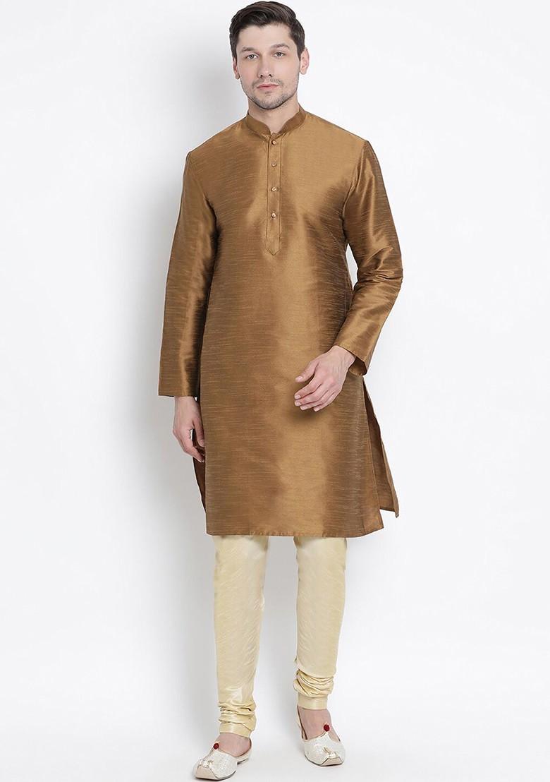 Coffee Brown Solid Poly Blend Kurta Set For Men