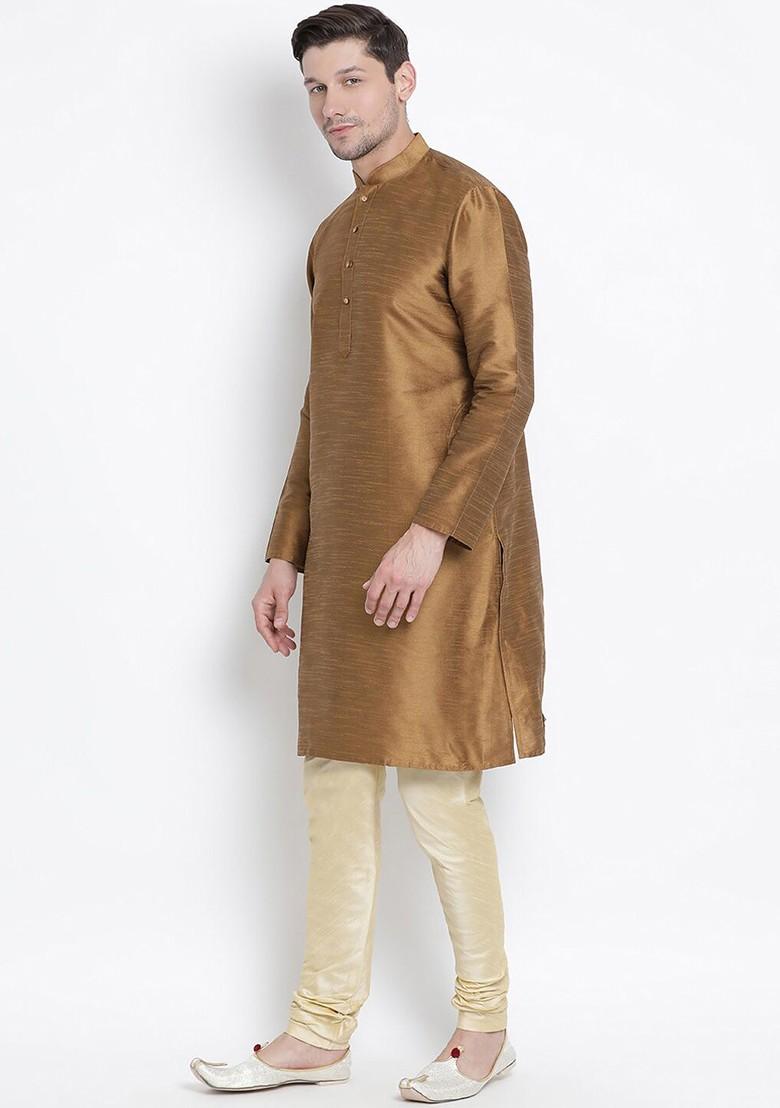 Coffee Brown Solid Poly Blend Kurta Set For Men
