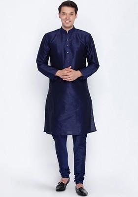 Navy Blue Solid Poly Blend Kurta Set For Men