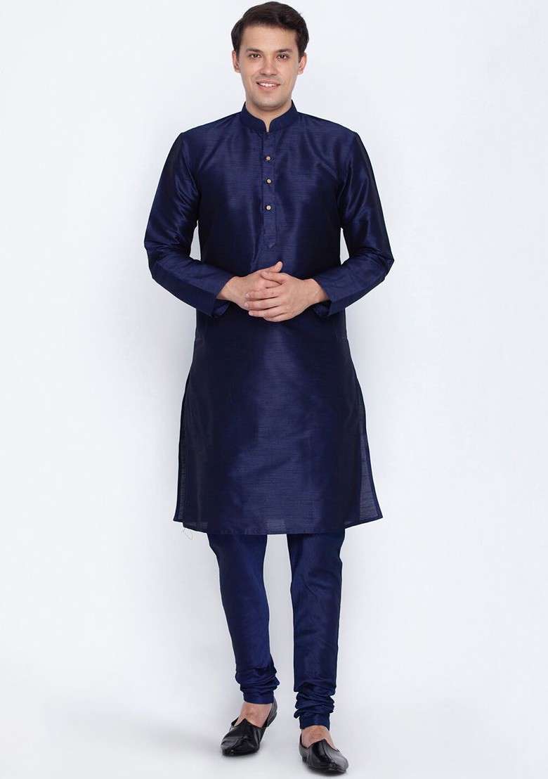 Navy Blue Solid Poly Blend Kurta Set For Men - Indya