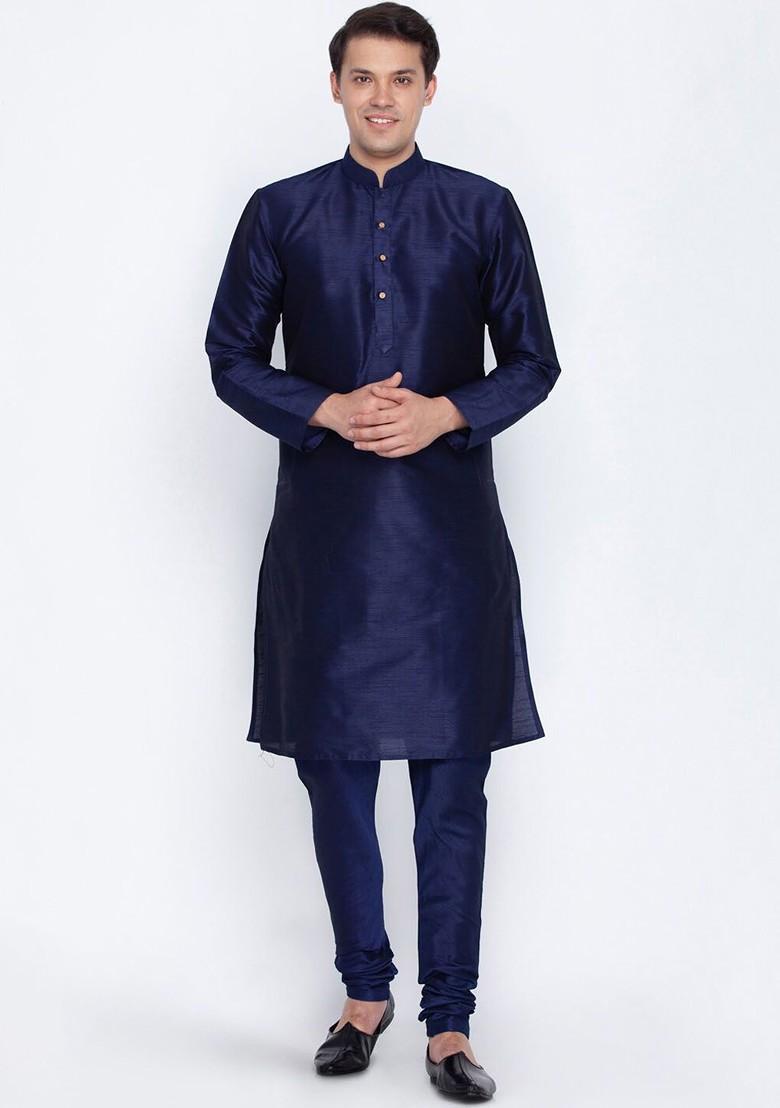 Navy Blue Solid Poly Blend Kurta Set For Men