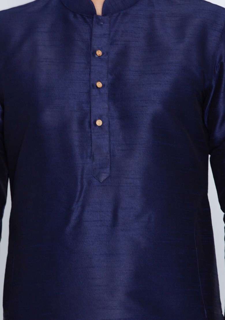 Navy Blue Solid Poly Blend Kurta Set For Men - Indya