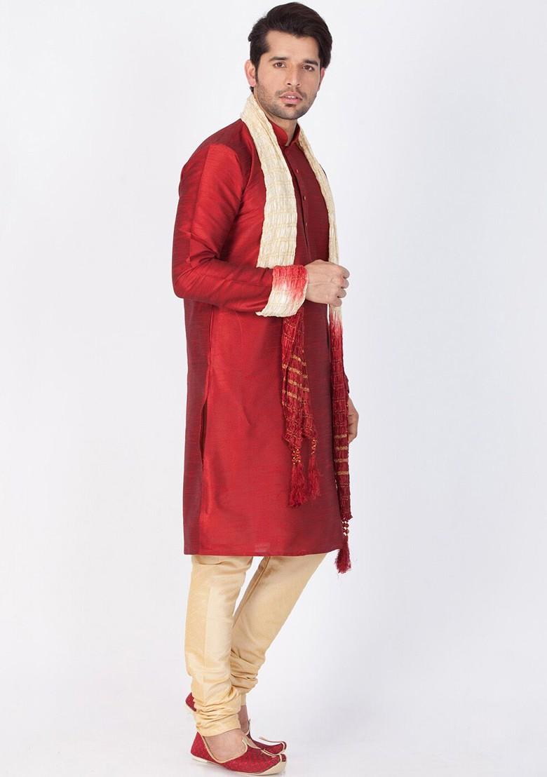 Maroon Solid Poly Blend Kurta Set For Men