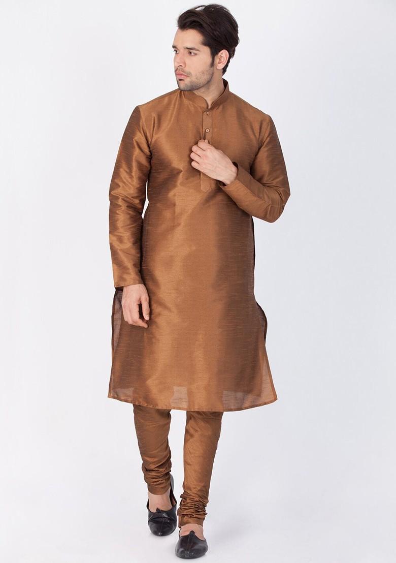 Coffee Brown Solid Poly Blend Kurta Set For Men