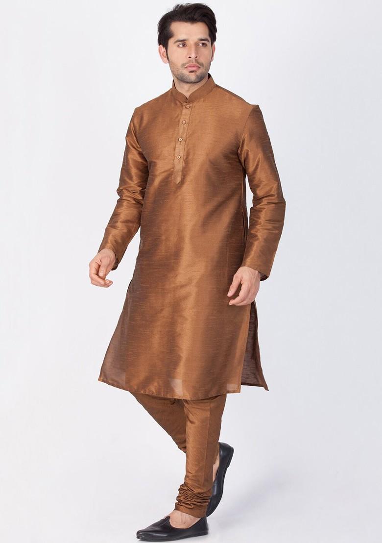 Coffee Brown Solid Poly Blend Kurta Set For Men