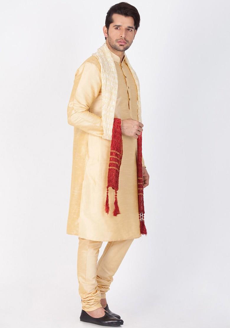 Gold Solid Poly Blend Kurta Set For Men