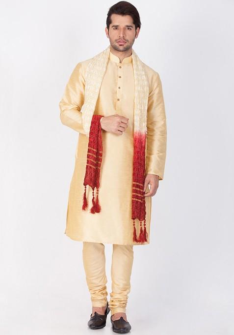 Gold Solid Poly Blend Kurta Set For Men