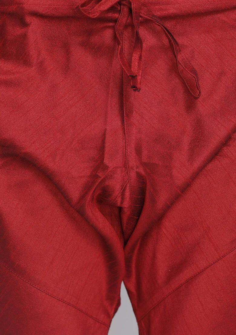 Maroon Solid Poly Blend Kurta Set For Men