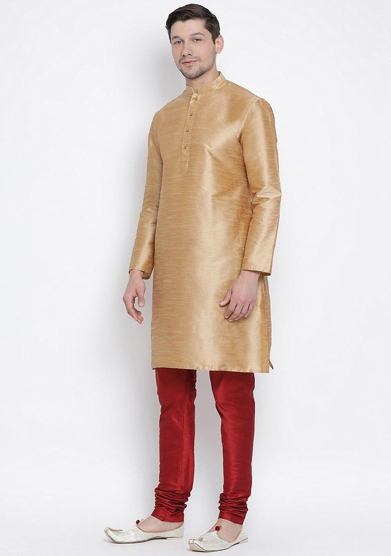 Rose Gold Solid Poly Blend Kurta Set For Men