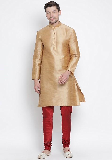 Rose Gold Solid Poly Blend Kurta Set For Men