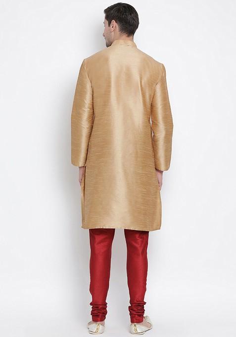 Rose Gold Solid Poly Blend Kurta Set For Men