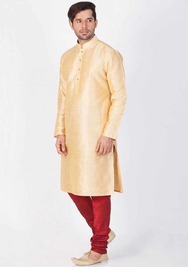 Gold Solid Poly Blend Kurta Set For Men