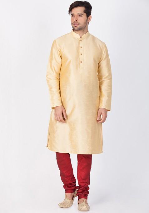 Gold Solid Poly Blend Kurta Set For Men