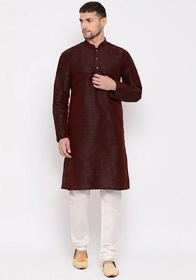 Burgundy Solid Poly Blend Kurta Set For Men