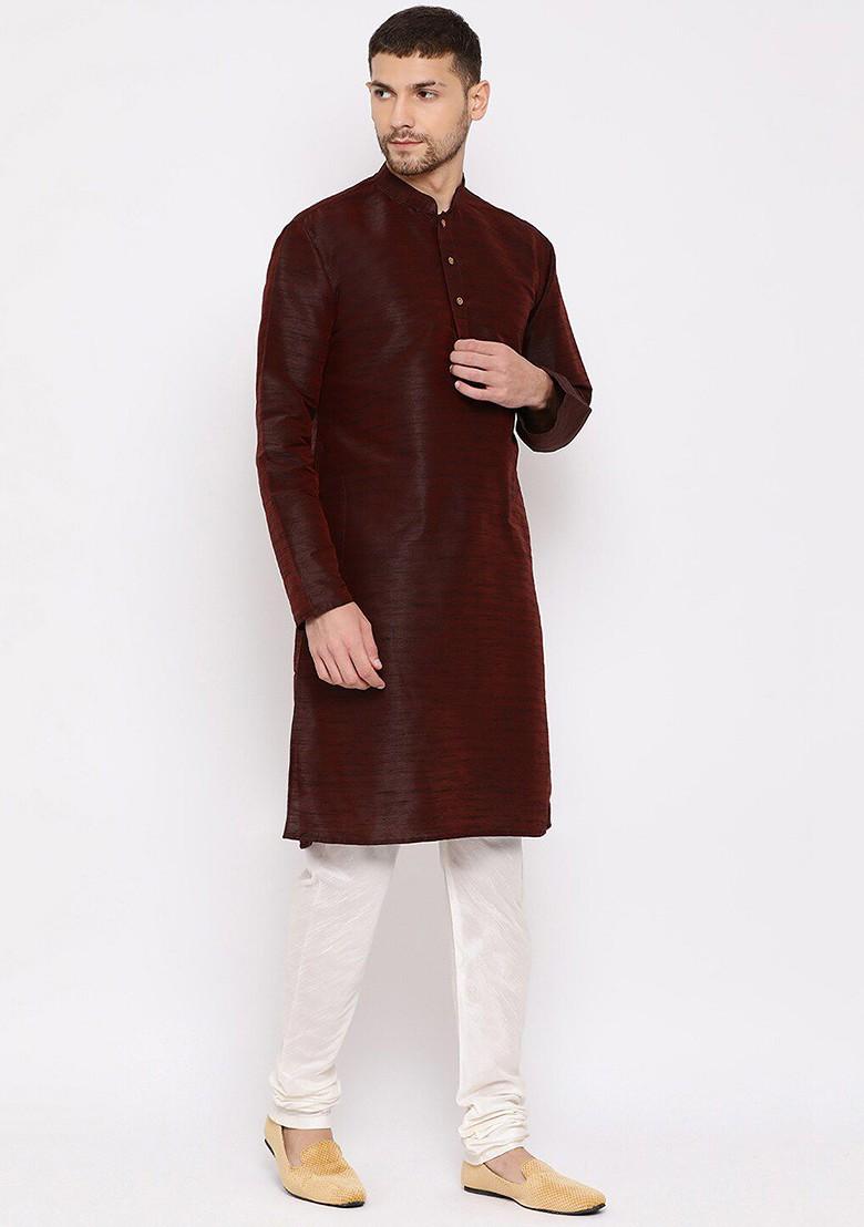 Burgundy Solid Poly Blend Kurta Set For Men