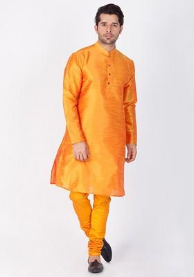 Orange Solid Poly Blend Kurta Set For Men