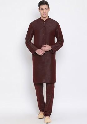 Brown Solid Poly Blend Kurta Set For Men