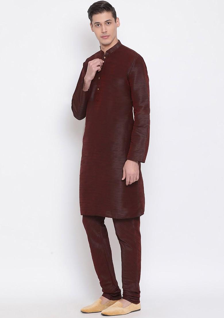 Brown Solid Poly Blend Kurta Set For Men