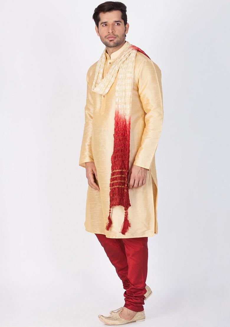 Gold Solid Poly Blend Kurta Set For Men