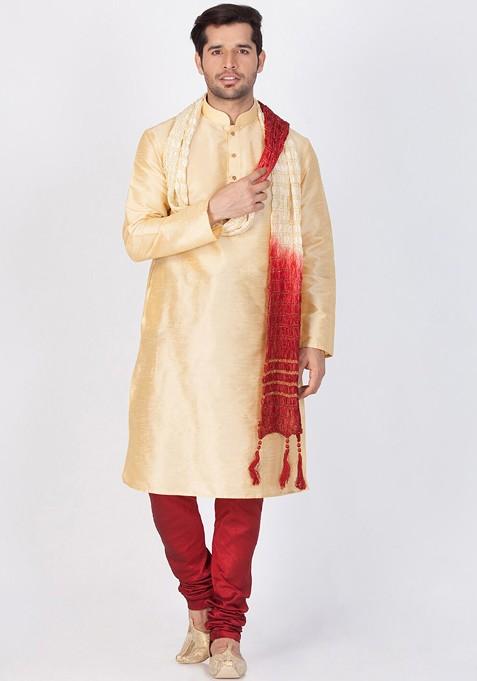Gold Solid Poly Blend Kurta Set For Men