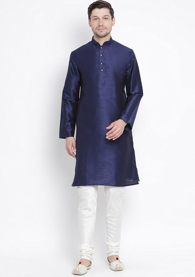 Navy Blue Solid Poly Blend Kurta Set For Men