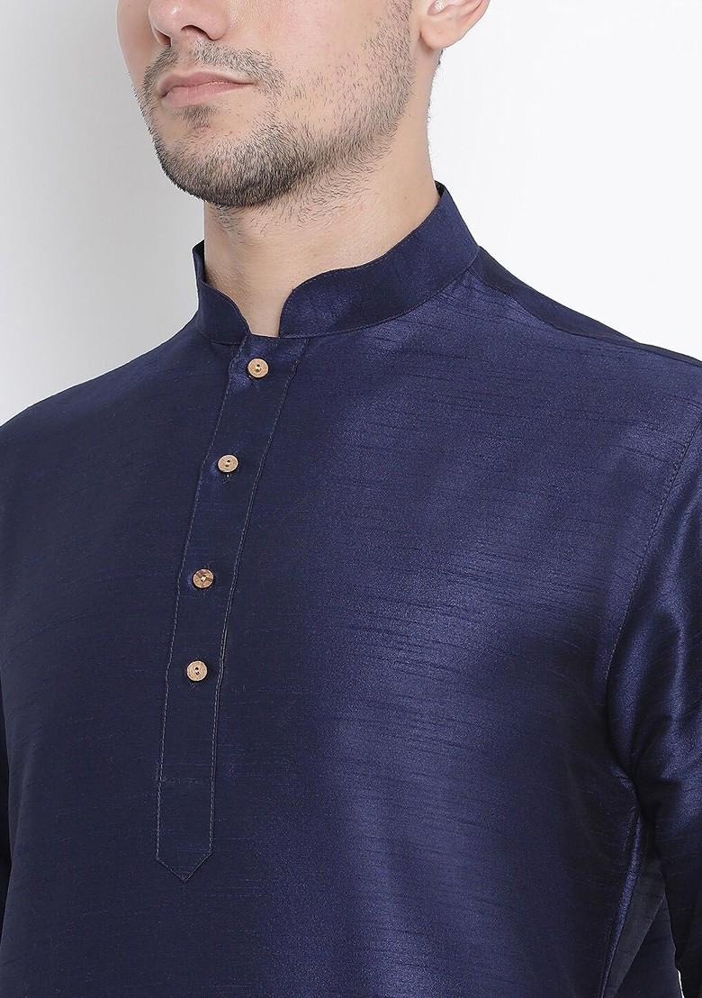 Navy Blue Solid Poly Blend Kurta Set For Men