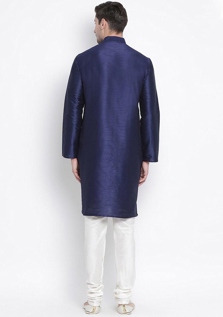 Navy Blue Solid Poly Blend Kurta Set For Men