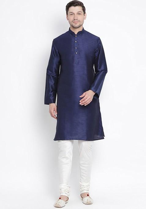 Navy Blue Solid Poly Blend Kurta Set For Men