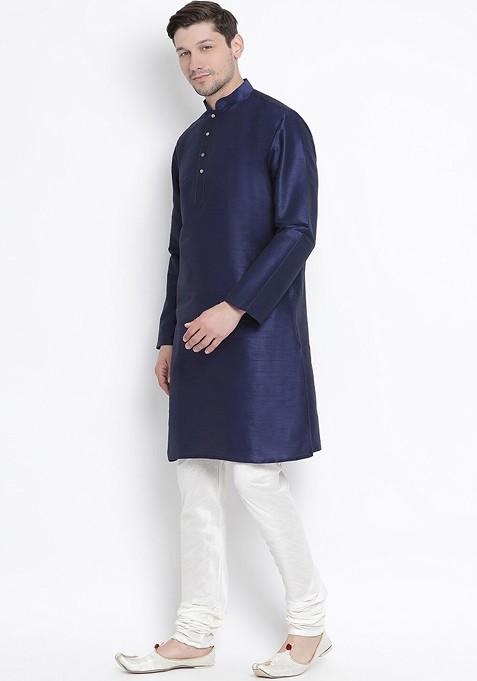 Navy Blue Solid Poly Blend Kurta Set For Men