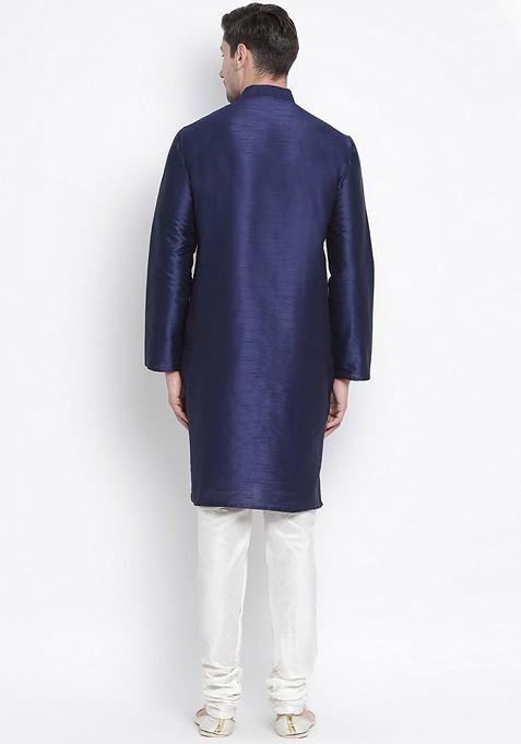 Navy Blue Solid Poly Blend Kurta Set For Men