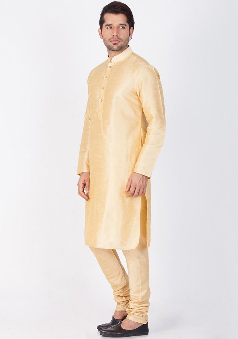 Gold Solid Poly Blend Kurta Set For Men