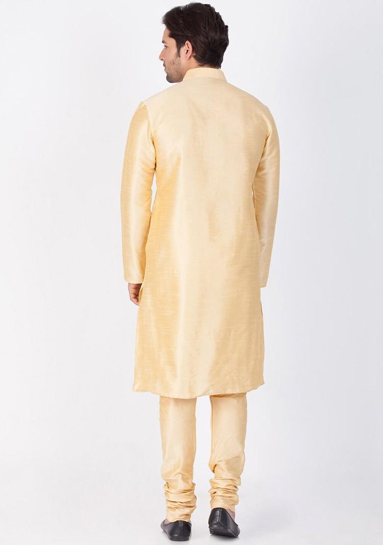Gold Solid Poly Blend Kurta Set For Men
