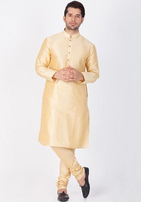 Gold Solid Poly Blend Kurta Set For Men