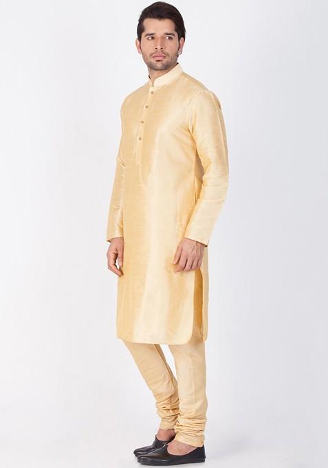 Gold Solid Poly Blend Kurta Set For Men