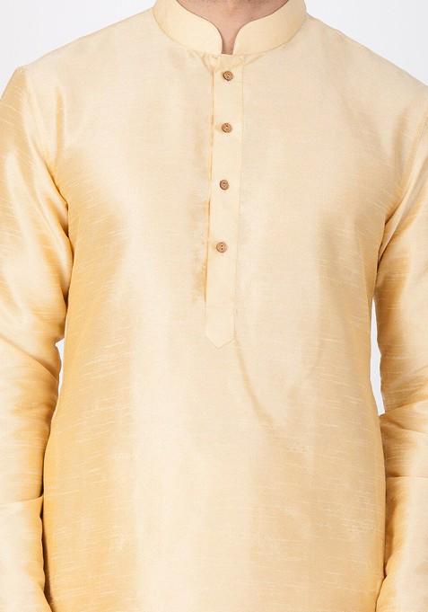 Gold Solid Poly Blend Kurta Set For Men