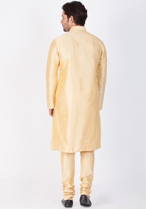 Gold Solid Poly Blend Kurta Set For Men