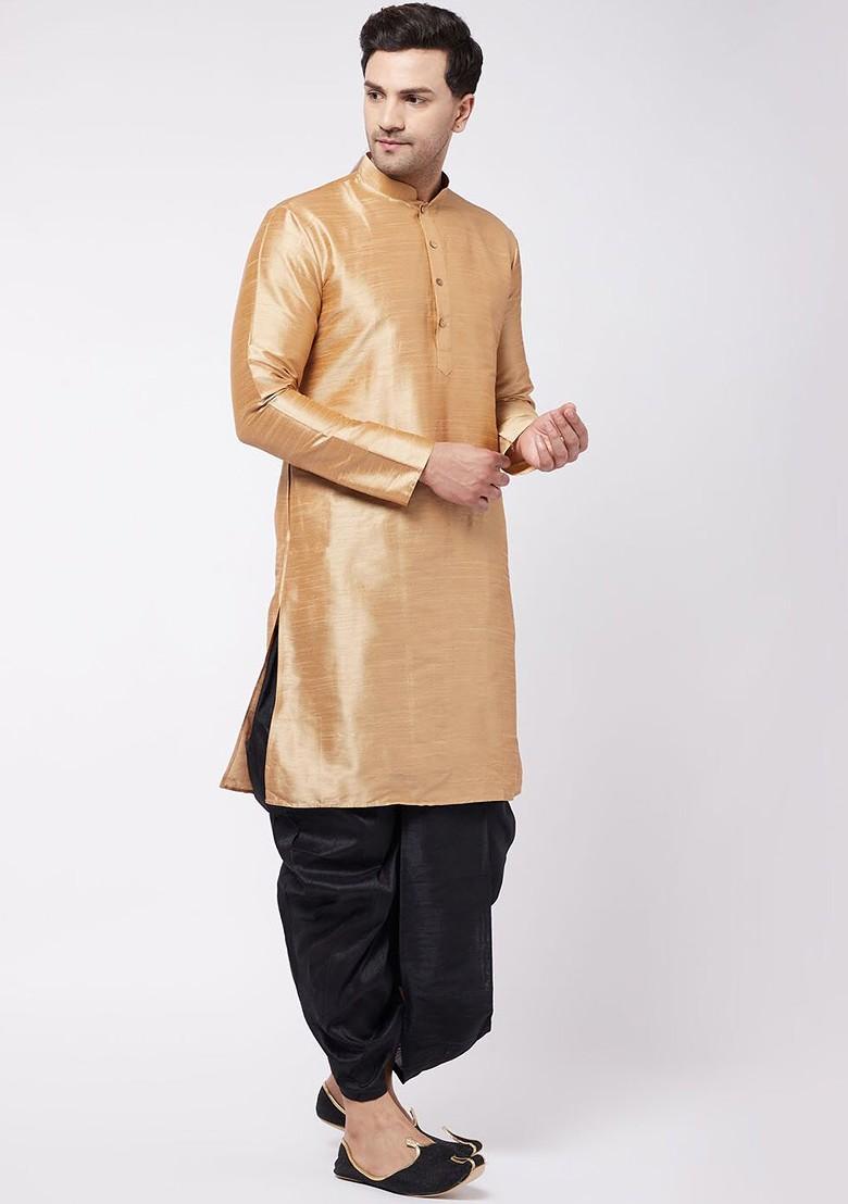 Rose Gold Solid Poly Blend Kurta Set For Men