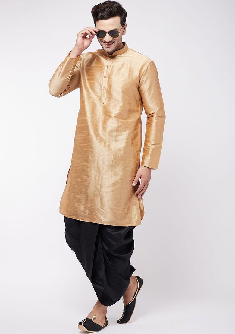 Rose Gold Solid Poly Blend Kurta Set For Men